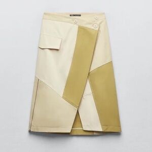 Zara gabardine patchwork wrap midi skirt with an asymmetrical waist beige green